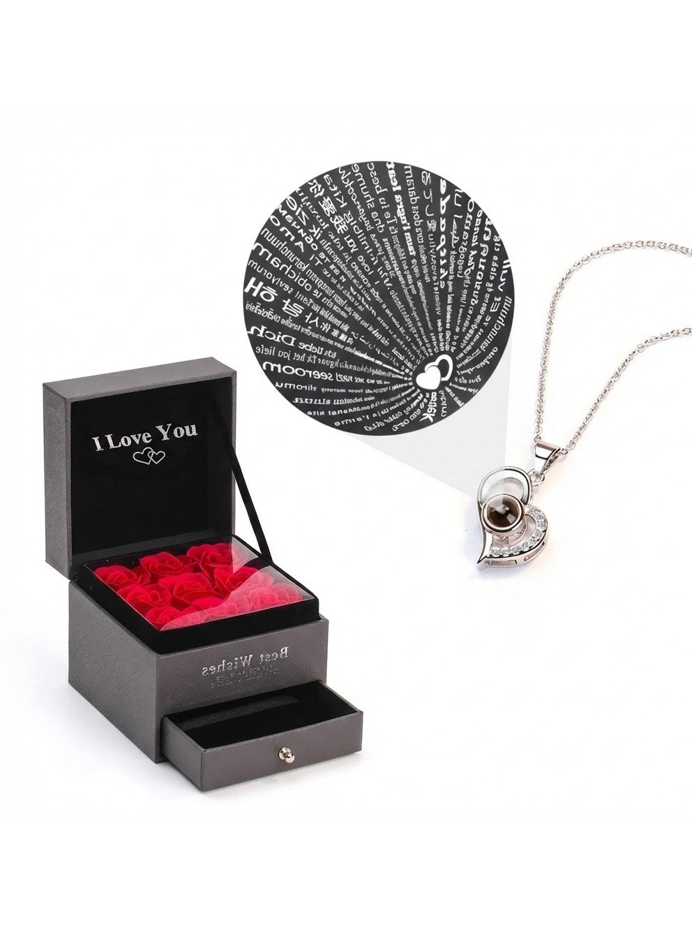 100 Languages “I Love You” Projection Necklace with Rose Gift Box