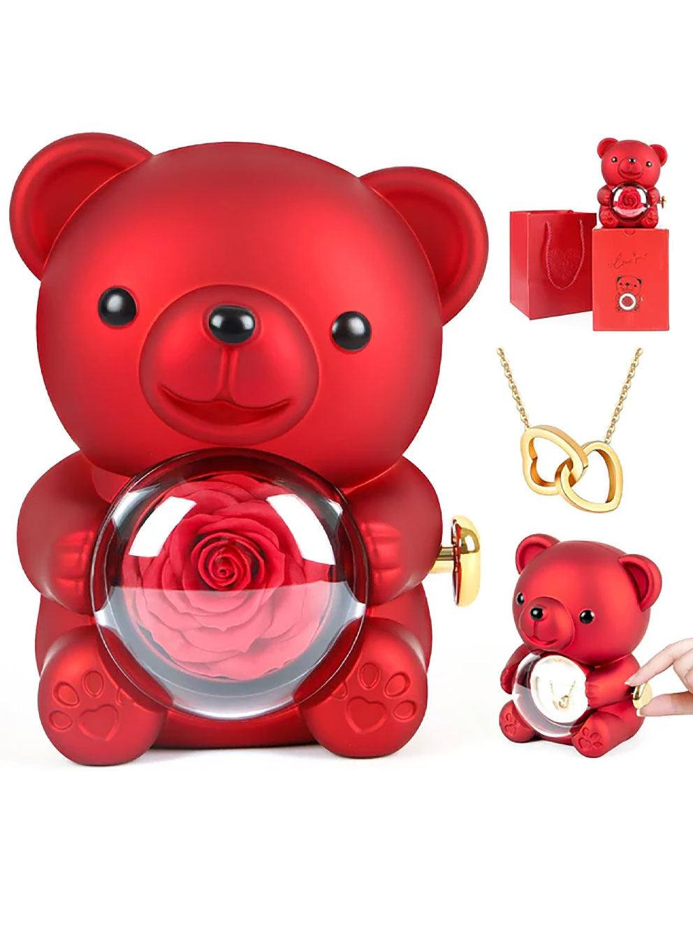 Rose Hugging Bear Necklace Gift Box – Romantic Valentine’s Day Set