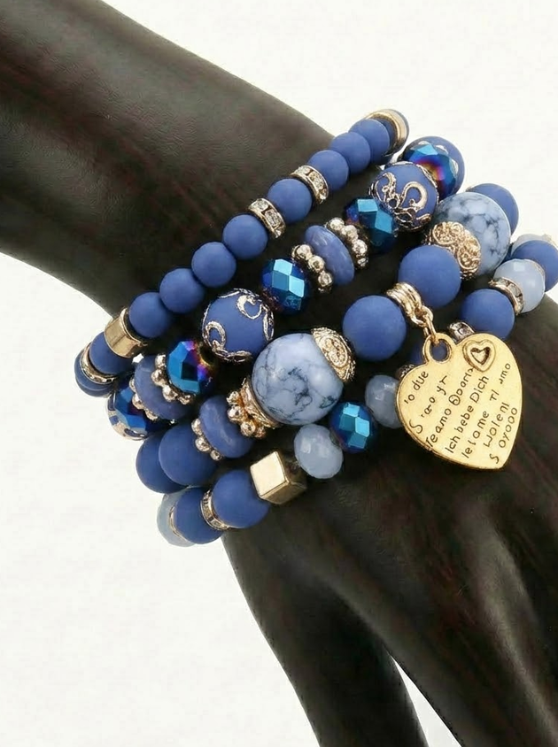 Boho Crystal Bead Bracelet Set – 4-Piece Elastic Stack with Heart Charm