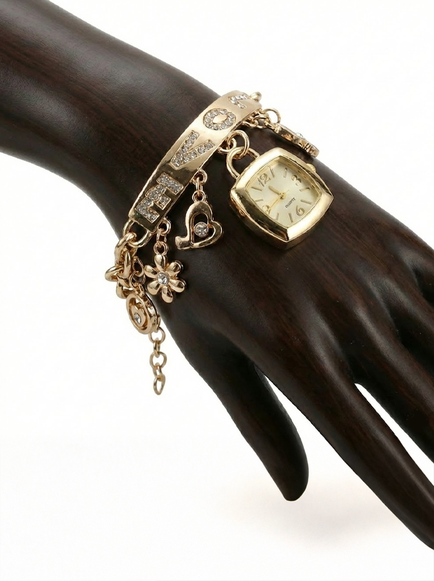 Vintage Charm Bracelet Watch – Square Dial Fashion Timepiece