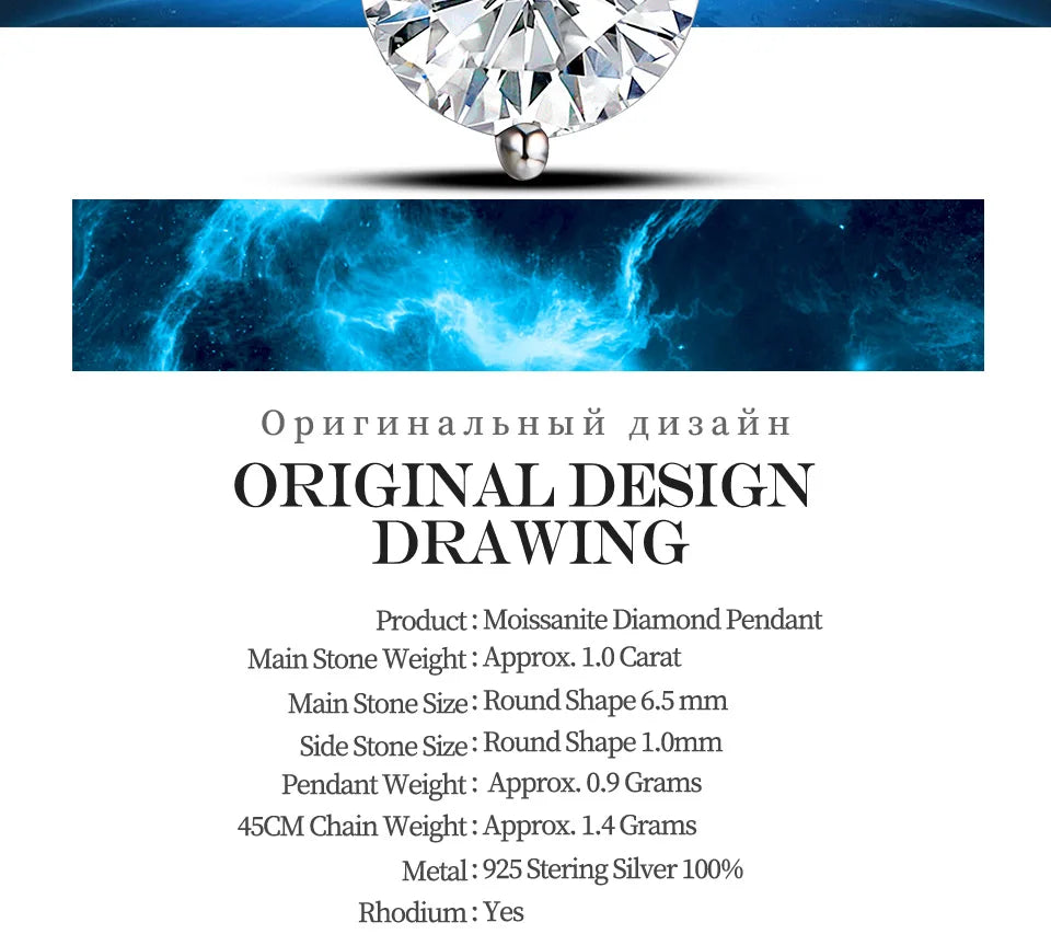 1.0ct Round Moissanite Pendant Necklace — D Color VVS1, 925 Sterling Silver (Certified)