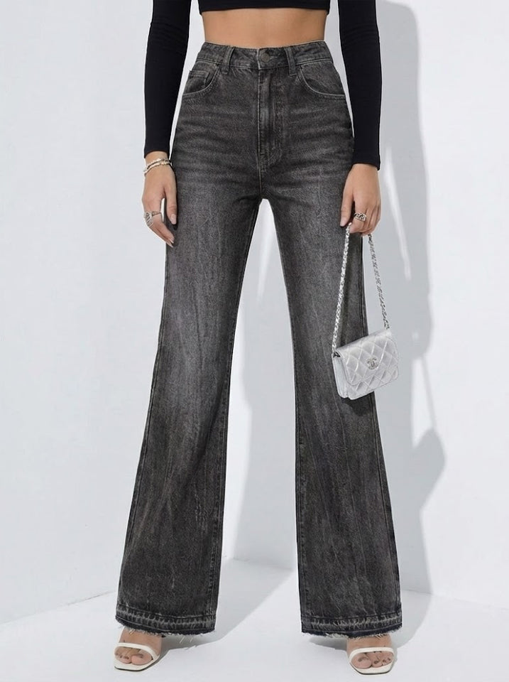 High-Waist Flare Jeans — Distressed Finish, Medium Stretch