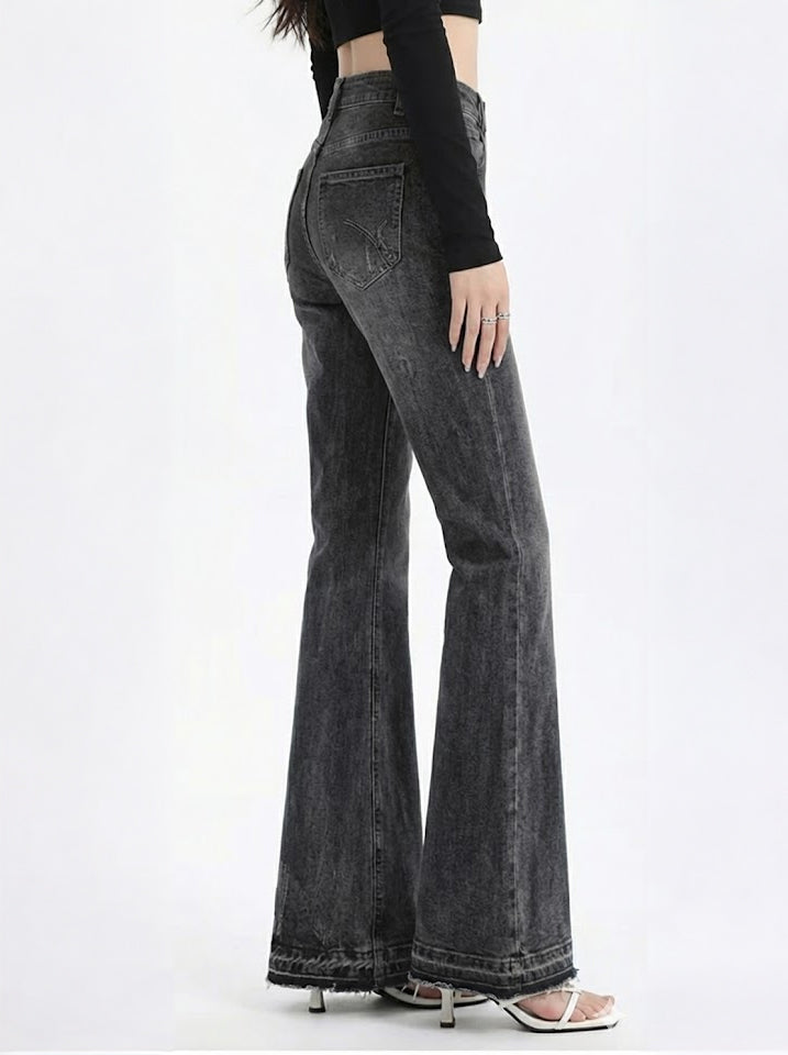 High-Waist Flare Jeans — Distressed Finish, Medium Stretch