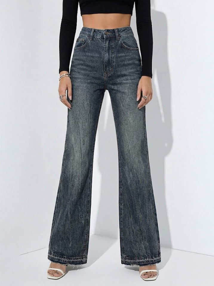 High-Waist Flare Jeans — Distressed Finish, Medium Stretch