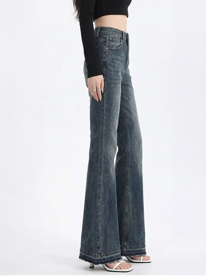 High-Waist Flare Jeans — Distressed Finish, Medium Stretch