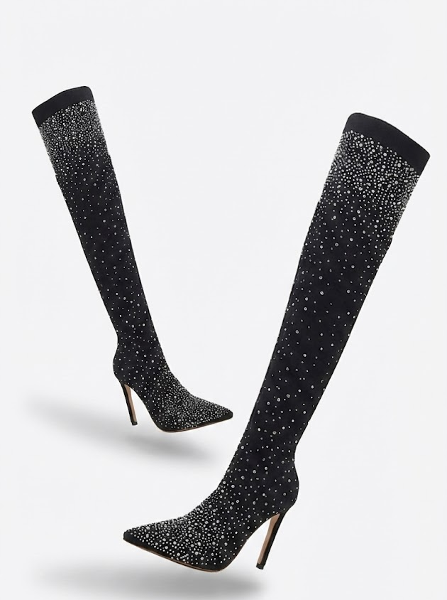 Celeste Rhinestone Over-the-Knee Sock Boots – Stiletto Heel