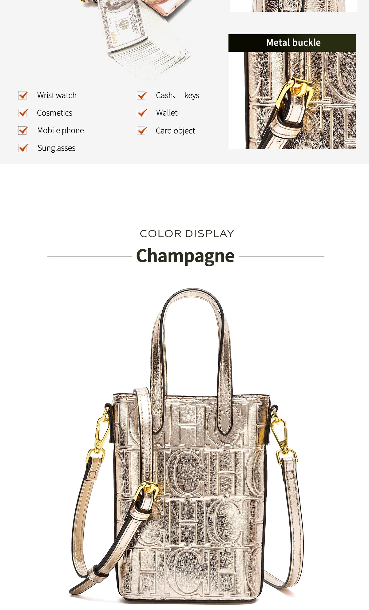 CHCH Luxury Monogram Phone Bag – Textured Crossbody Mini Tote