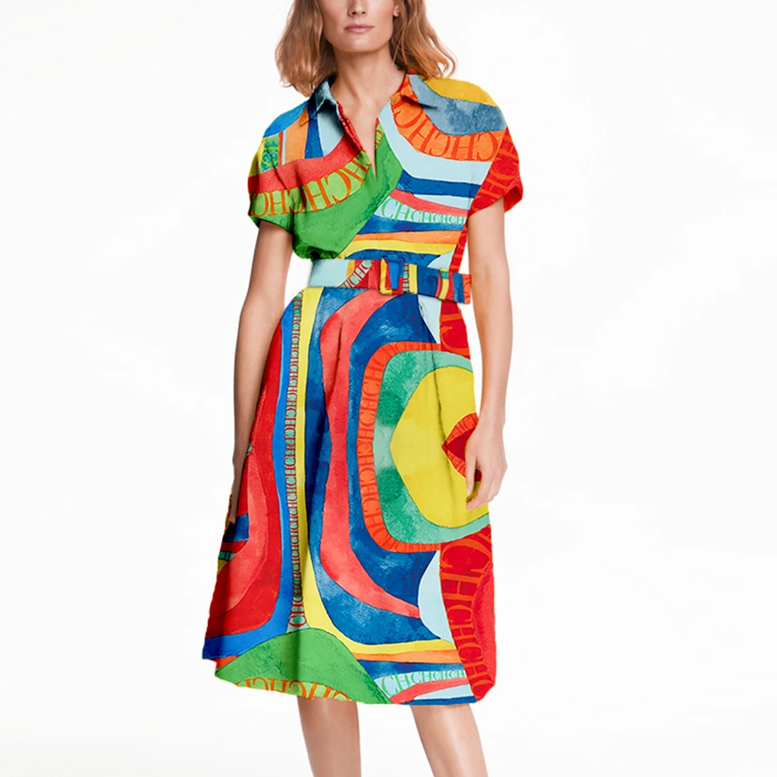 CHCH Printed Summer Midi Dress – Elegant Belted A-Line Women Dress