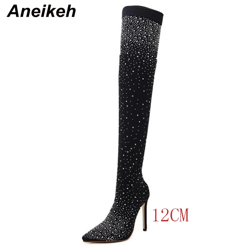 Celeste Rhinestone Over-the-Knee Sock Boots – Stiletto Heel
