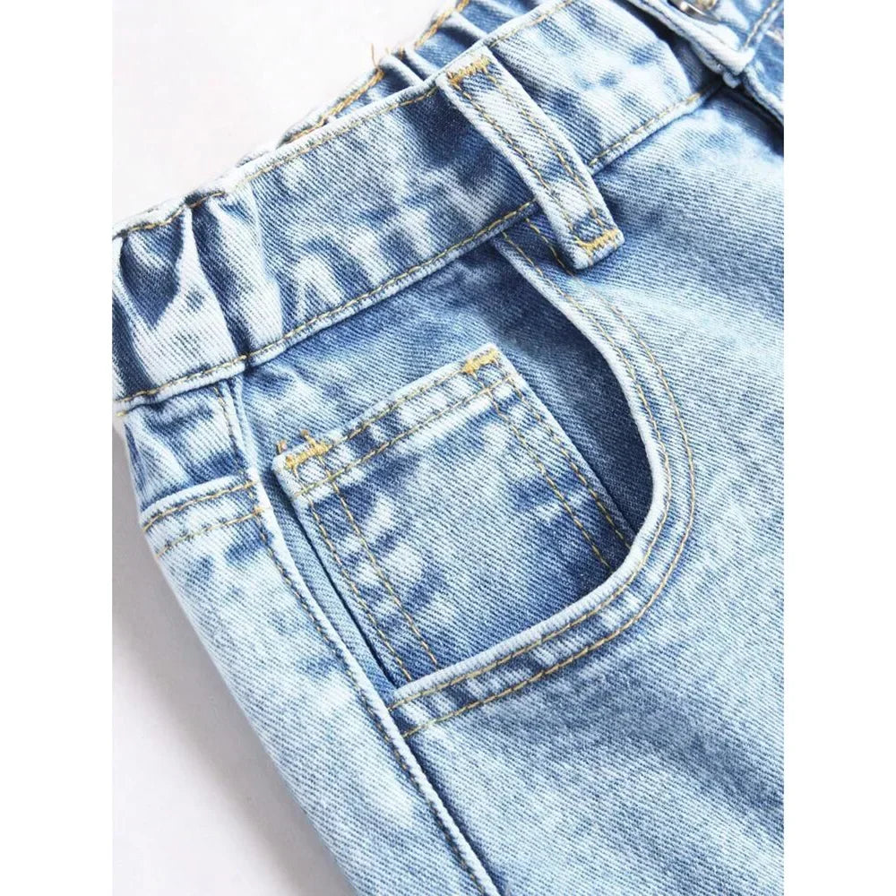 Wide-Leg Denim Jeans — Button Fly, Distressed Finish
