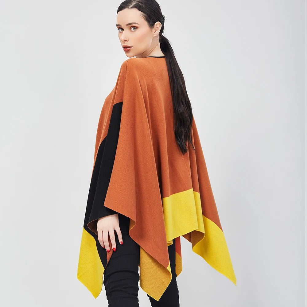 CHCH Knitted Poncho Jacket – Winter Striped Cape Coat