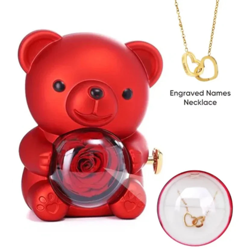 Rose Hugging Bear Necklace Gift Box – Romantic Valentine’s Day Set
