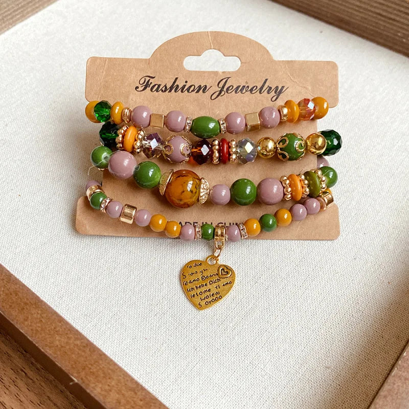 Boho Crystal Bead Bracelet Set – 4-Piece Elastic Stack with Heart Charm