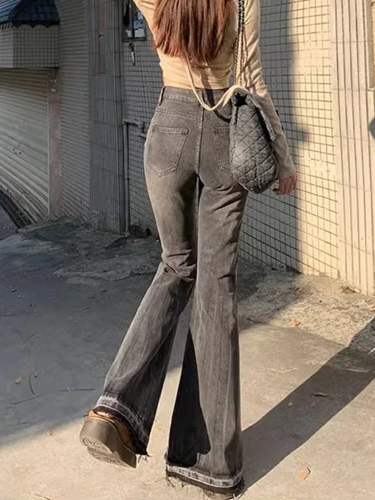 High-Waist Flare Jeans — Distressed Finish, Medium Stretch