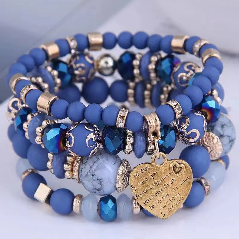 Boho Crystal Bead Bracelet Set – 4-Piece Elastic Stack with Heart Charm