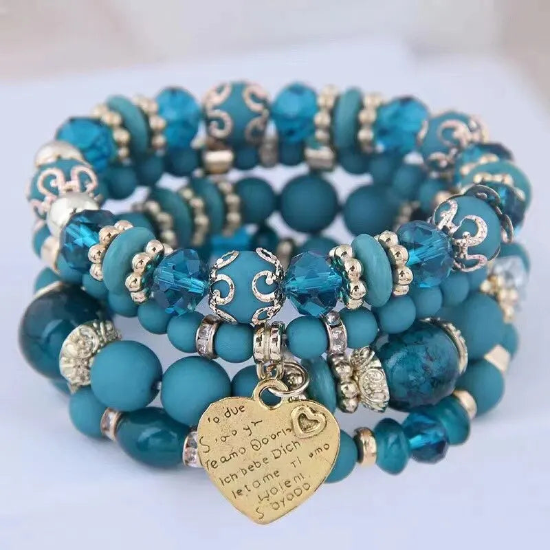 Boho Crystal Bead Bracelet Set – 4-Piece Elastic Stack with Heart Charm