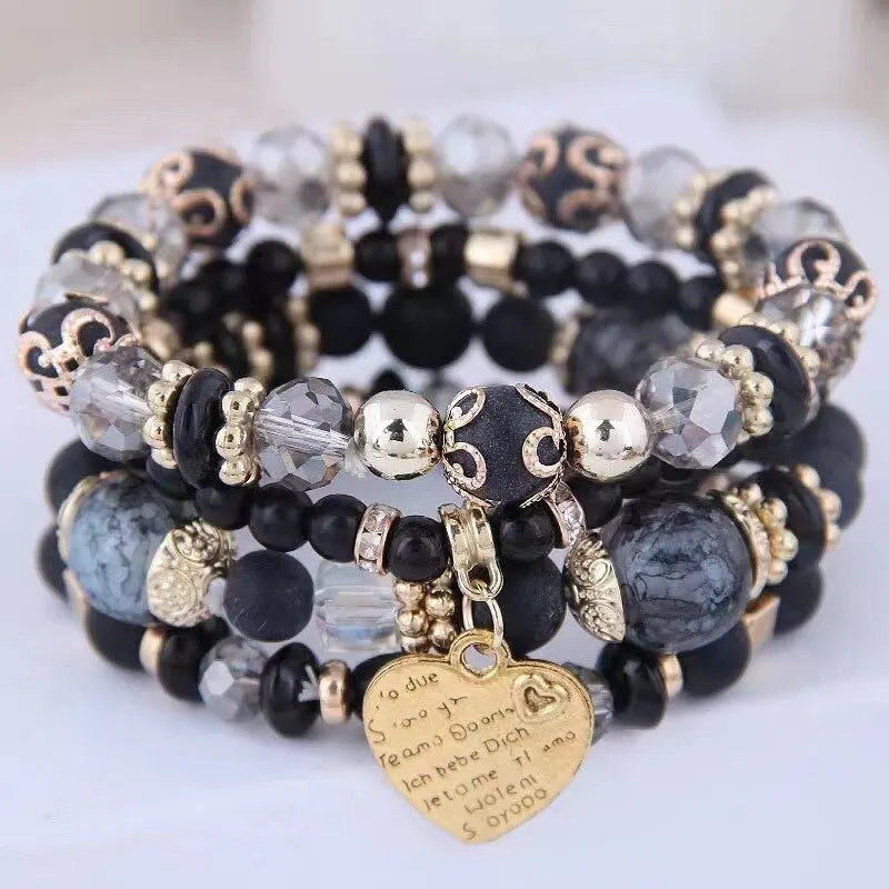 Boho Crystal Bead Bracelet Set – 4-Piece Elastic Stack with Heart Charm