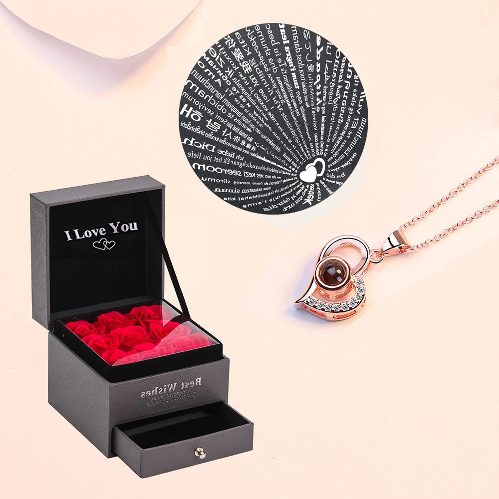 100 Languages “I Love You” Projection Necklace with Rose Gift Box