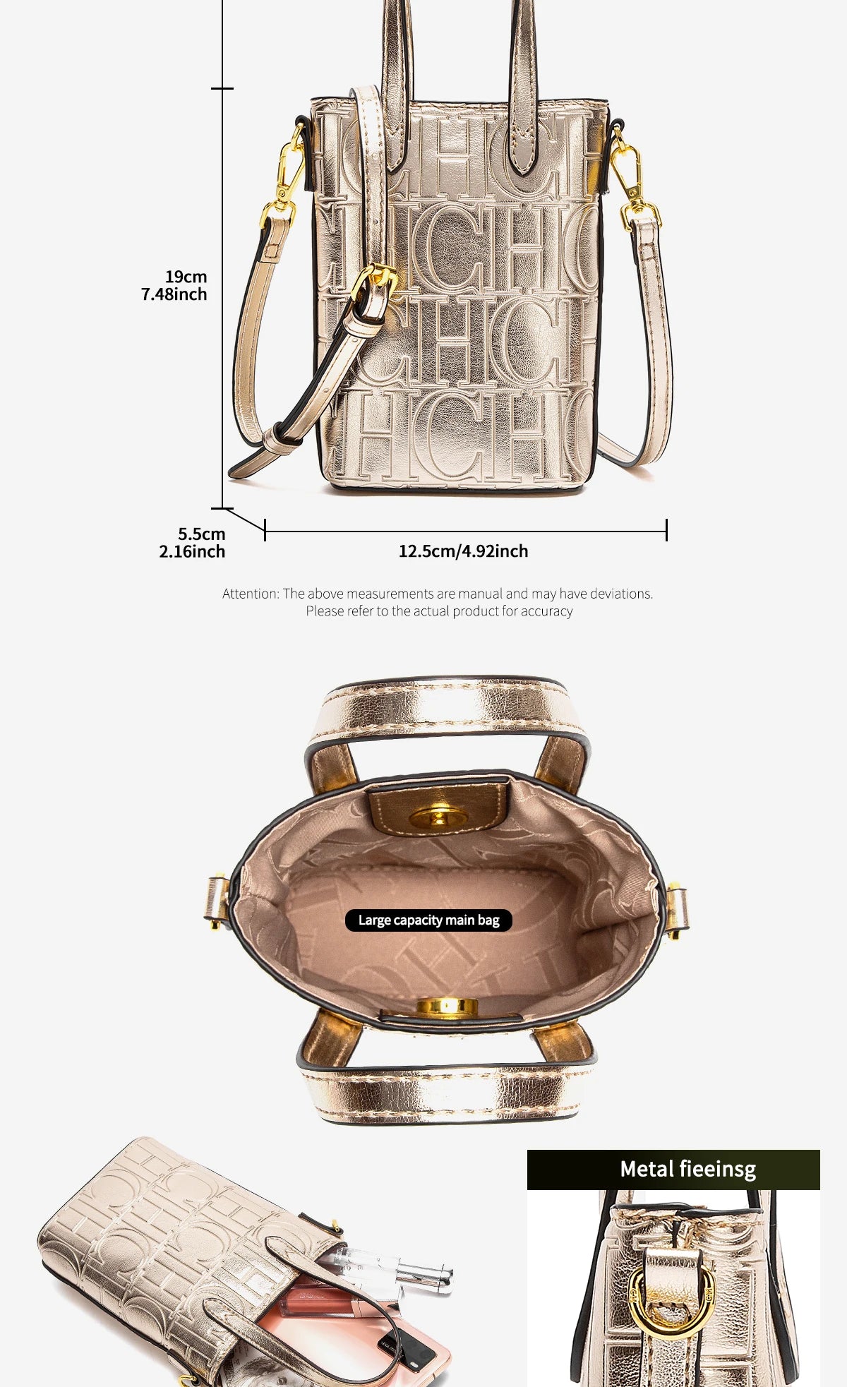 CHCH Luxury Monogram Phone Bag – Textured Crossbody Mini Tote