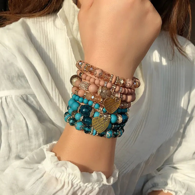 Boho Crystal Bead Bracelet Set – 4-Piece Elastic Stack with Heart Charm