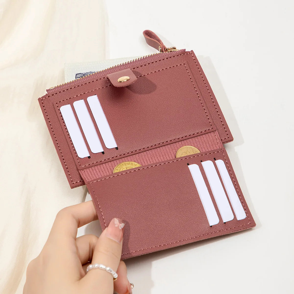 Women’s Short PU Card Wallet with Zipper & Hasp