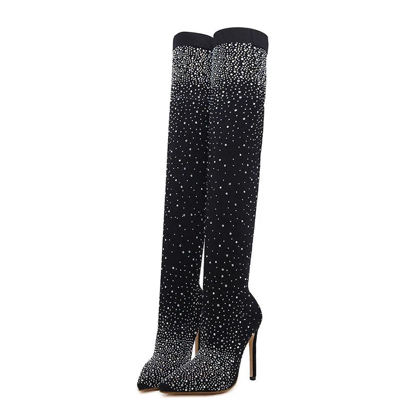 Celeste Rhinestone Over-the-Knee Sock Boots – Stiletto Heel