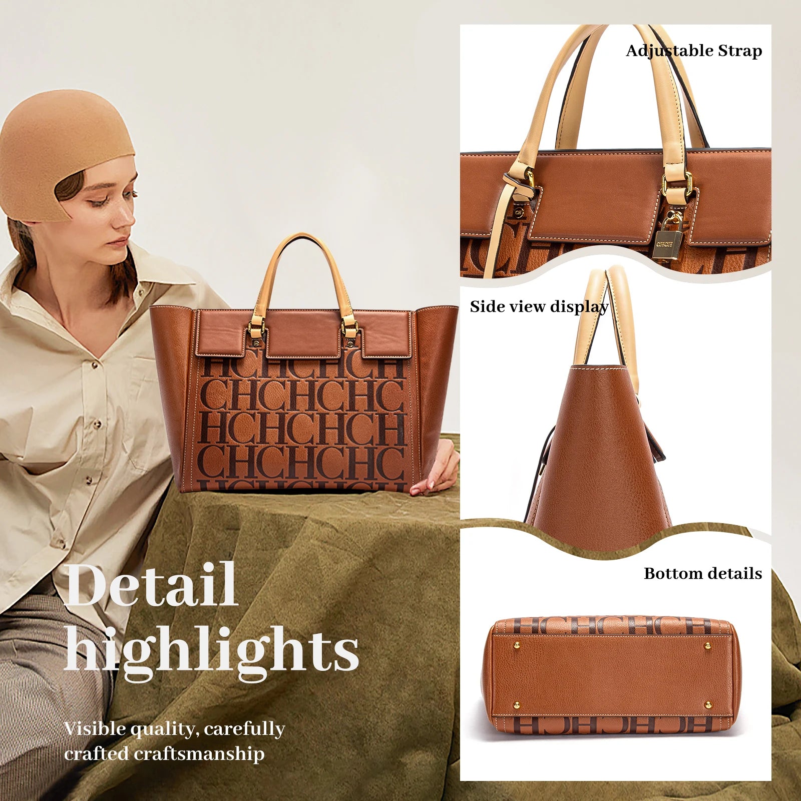 CHCH Embossed Monogram Tote Bag – Large Capacity Business & Everyday Tote