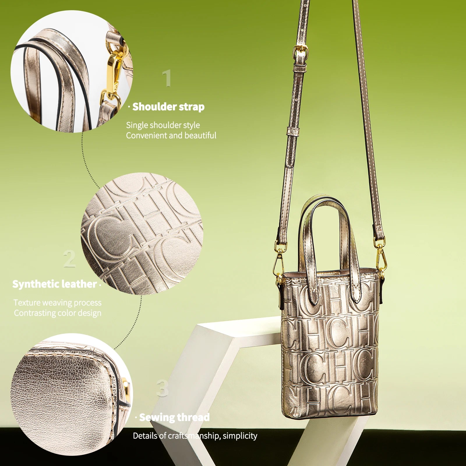 CHCH Luxury Monogram Phone Bag – Textured Crossbody Mini Tote