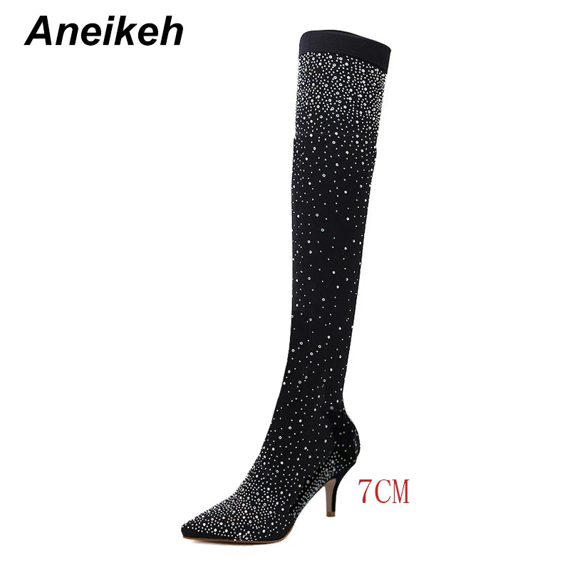 Celeste Rhinestone Over-the-Knee Sock Boots – Stiletto Heel