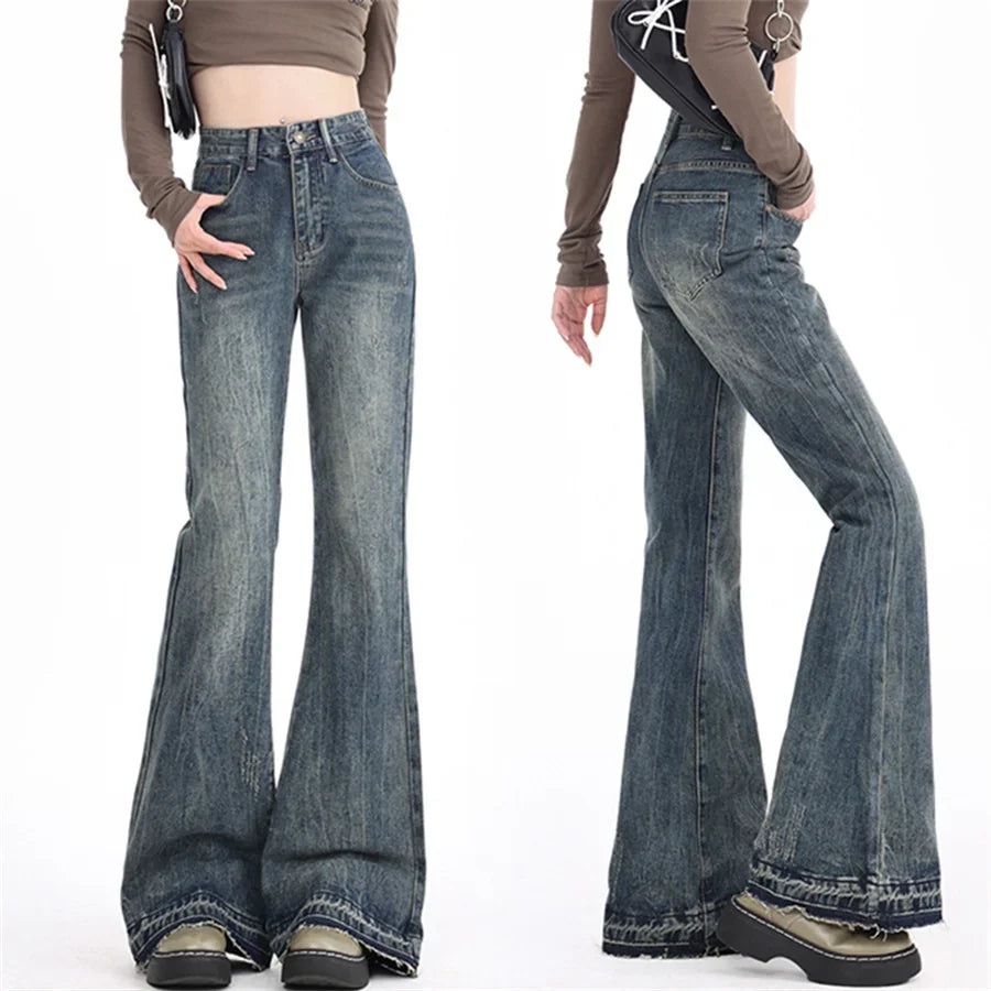 High-Waist Flare Jeans — Distressed Finish, Medium Stretch