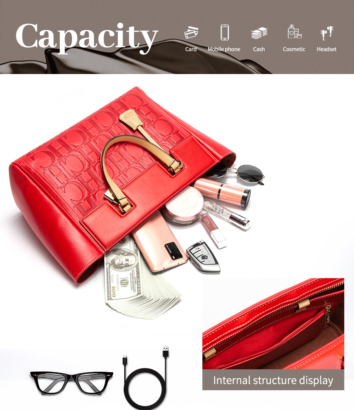 CHCH Embossed Monogram Tote Bag – Large Capacity Business & Everyday Tote