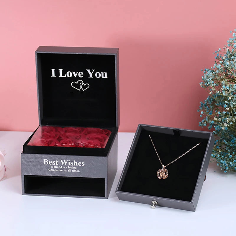 100 Languages “I Love You” Projection Necklace with Rose Gift Box