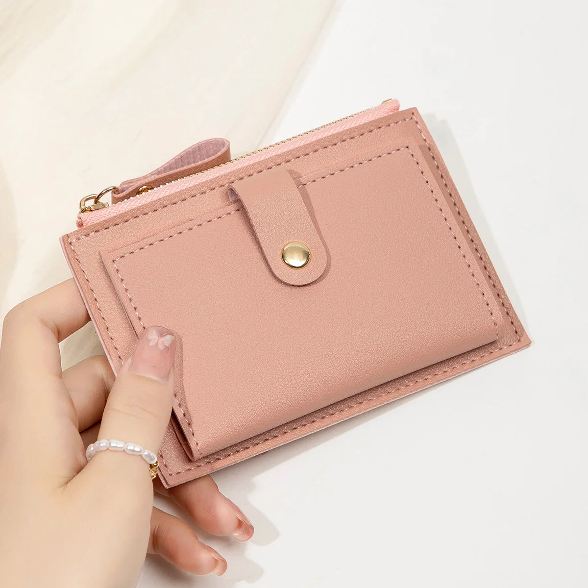 Women’s Short PU Card Wallet with Zipper & Hasp