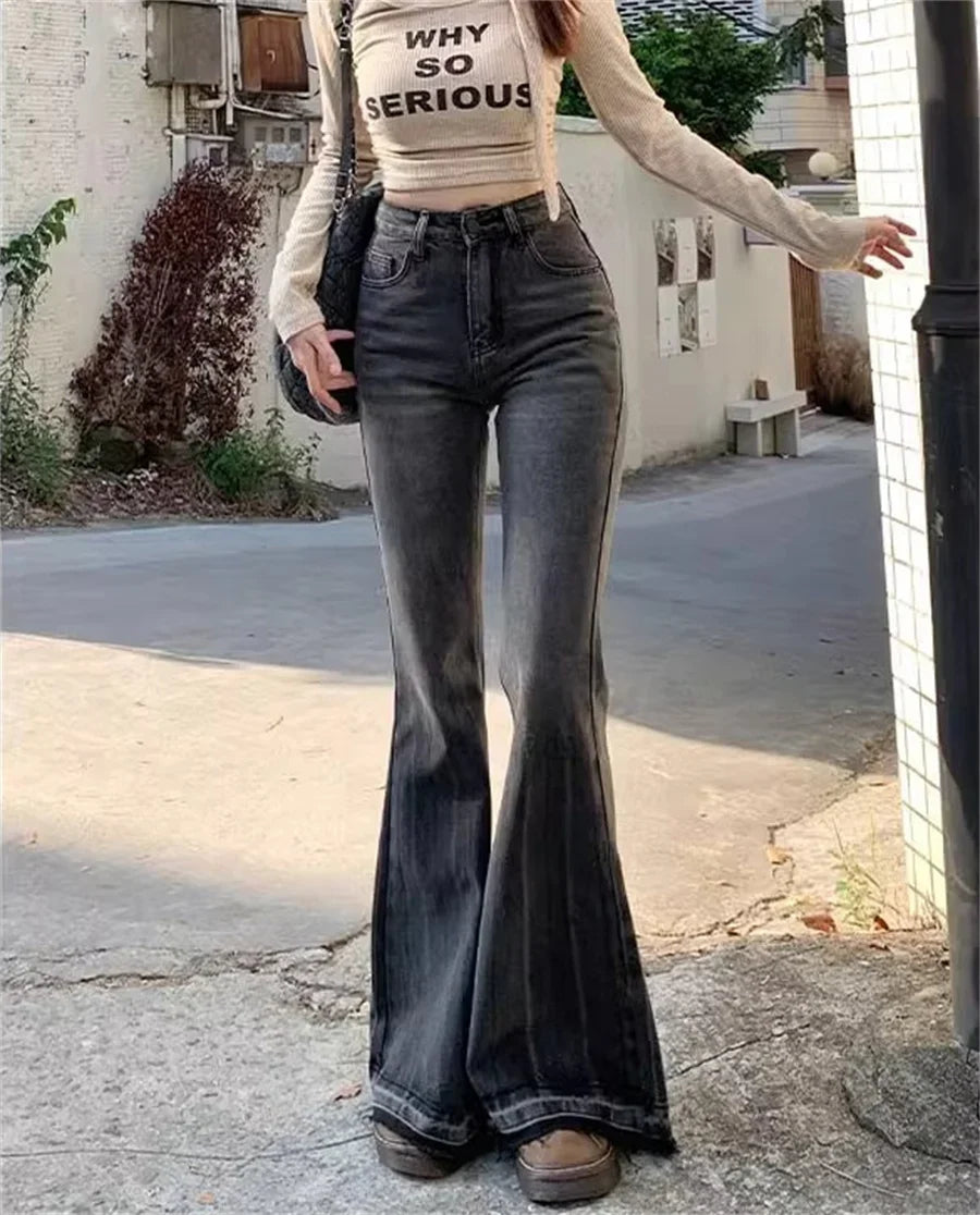 High-Waist Flare Jeans — Distressed Finish, Medium Stretch