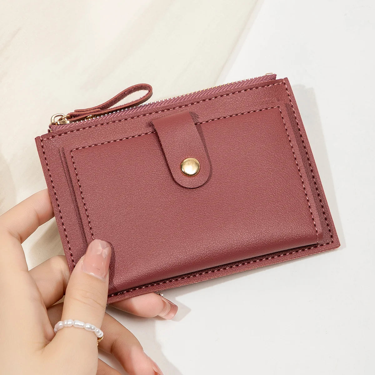 Women’s Short PU Card Wallet with Zipper & Hasp