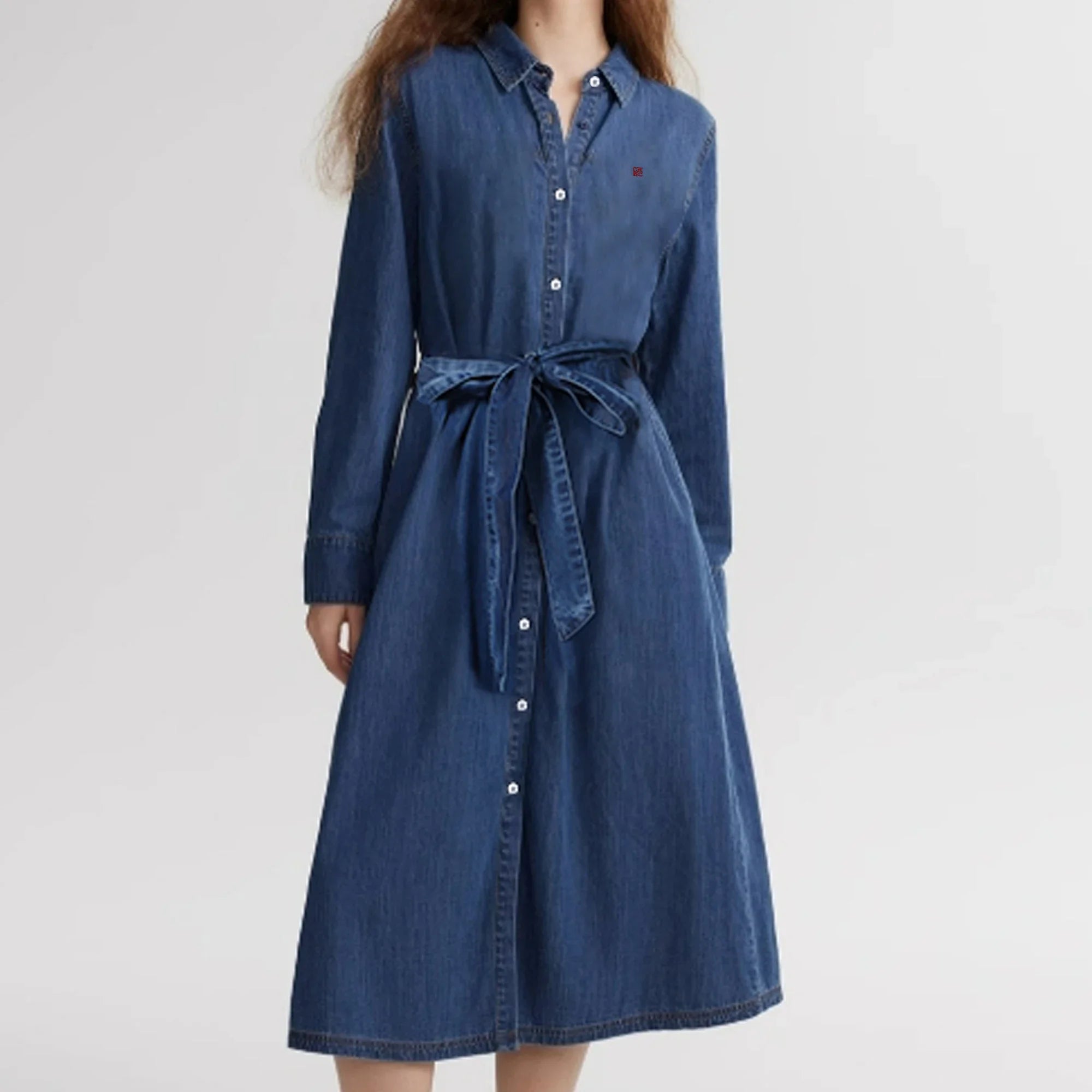 CHCH Denim Shirt Dress – Elegant Embroidered Casual Midi Dress