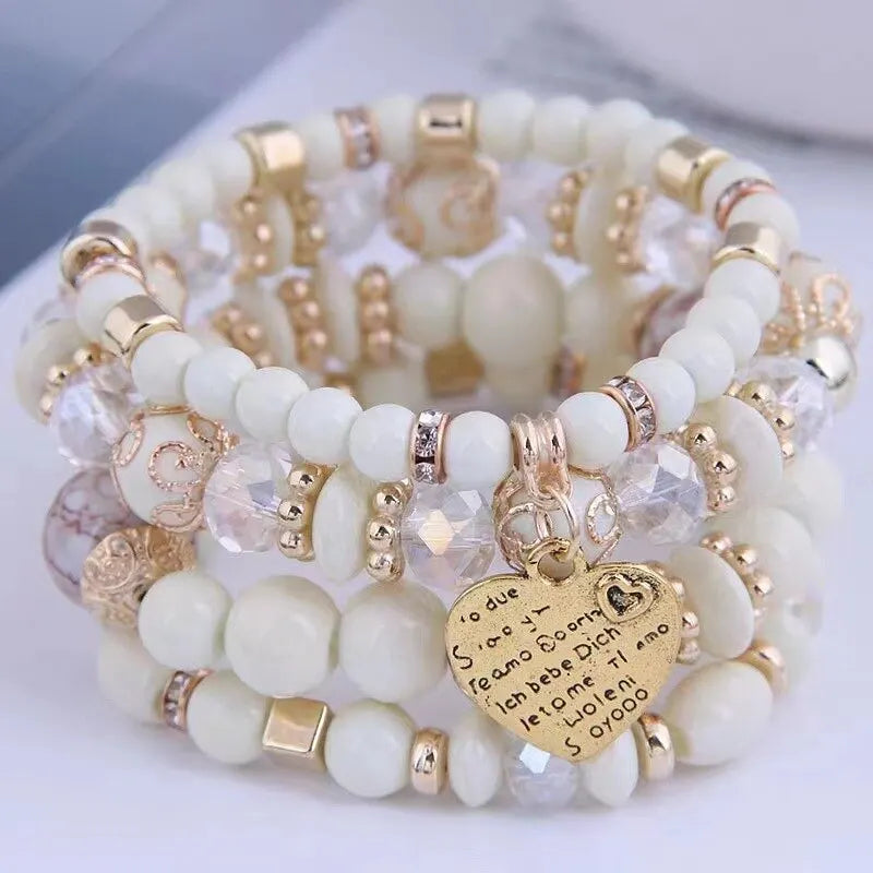 Boho Crystal Bead Bracelet Set – 4-Piece Elastic Stack with Heart Charm
