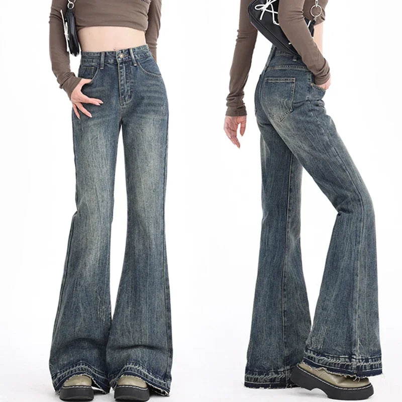 High-Waist Flare Jeans — Distressed Finish, Medium Stretch