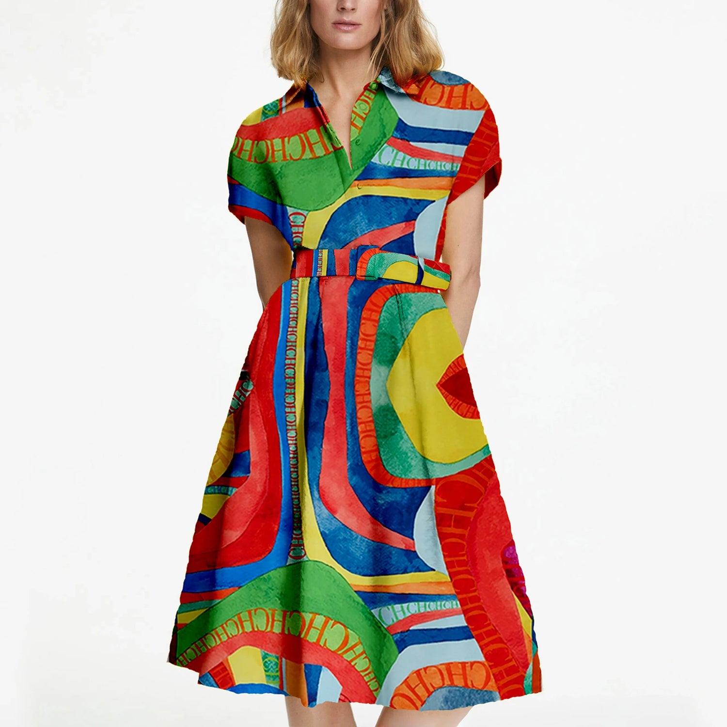 CHCH Printed Summer Midi Dress – Elegant Belted A-Line Women Dress