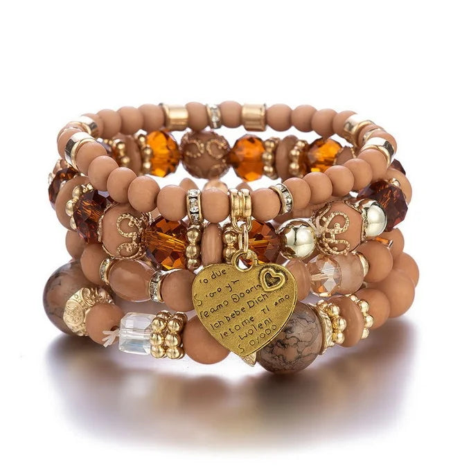 Boho Crystal Bead Bracelet Set – 4-Piece Elastic Stack with Heart Charm