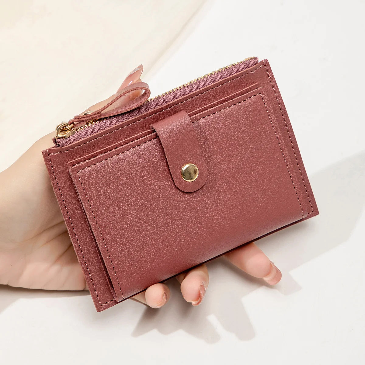 Women’s Short PU Card Wallet with Zipper & Hasp