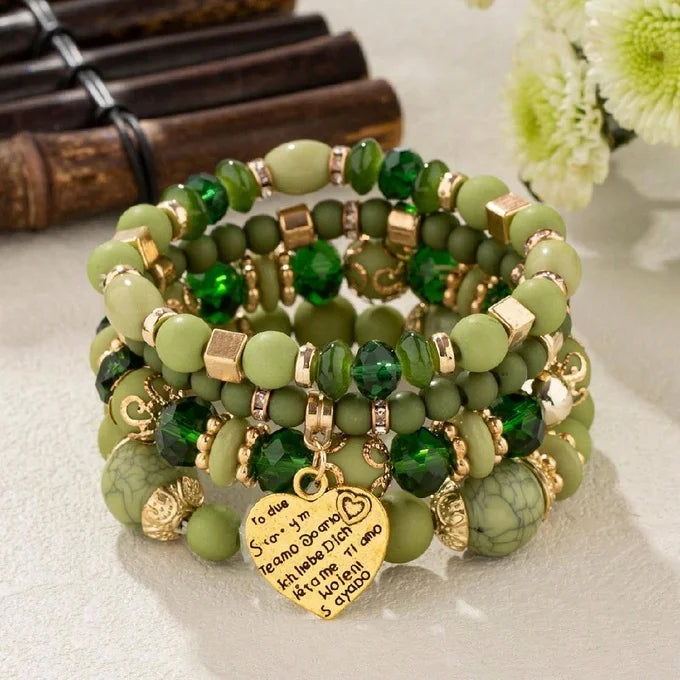 Boho Crystal Bead Bracelet Set – 4-Piece Elastic Stack with Heart Charm