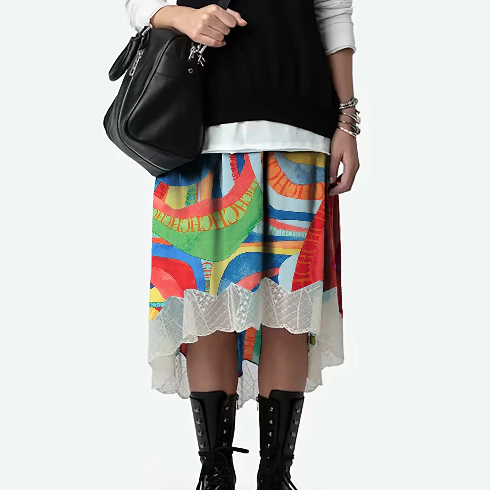 CHCH Printed Lace Midi Skirt – Elegant Summer A-Line Women Skirt