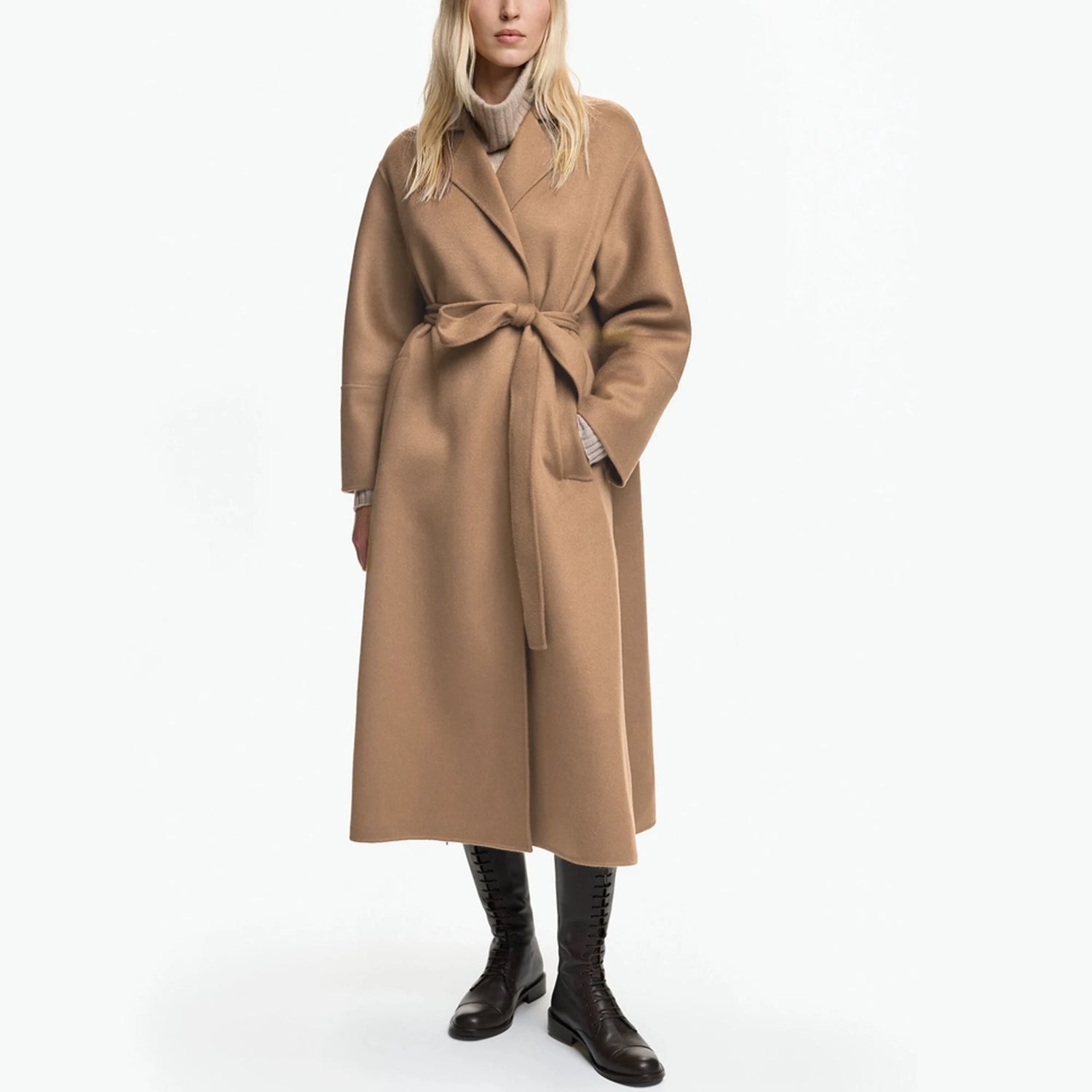 CHCH Vintage Belted Long Coat – Women’s Elegant Winter Wool Blend Coat