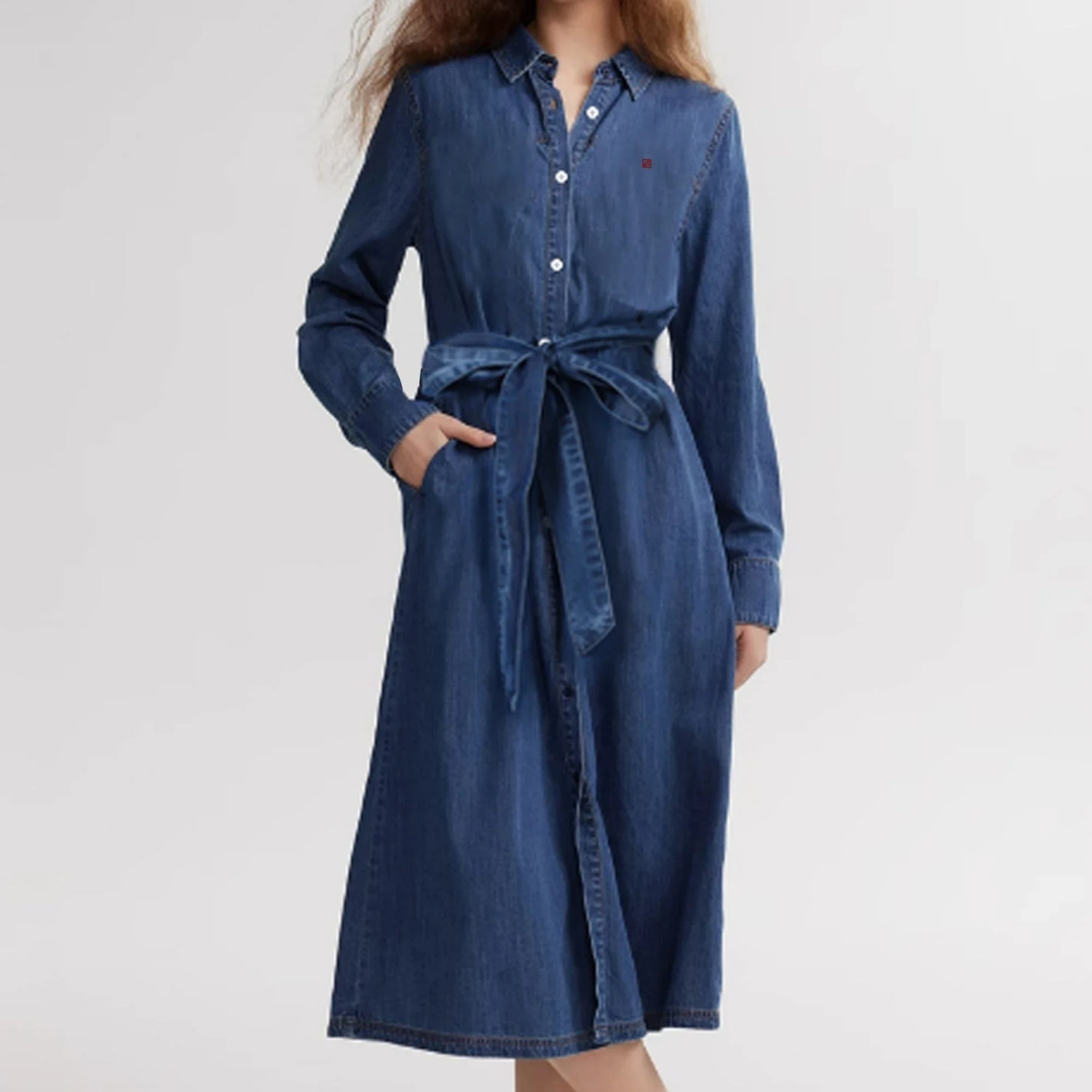 CHCH Denim Shirt Dress – Elegant Embroidered Casual Midi Dress