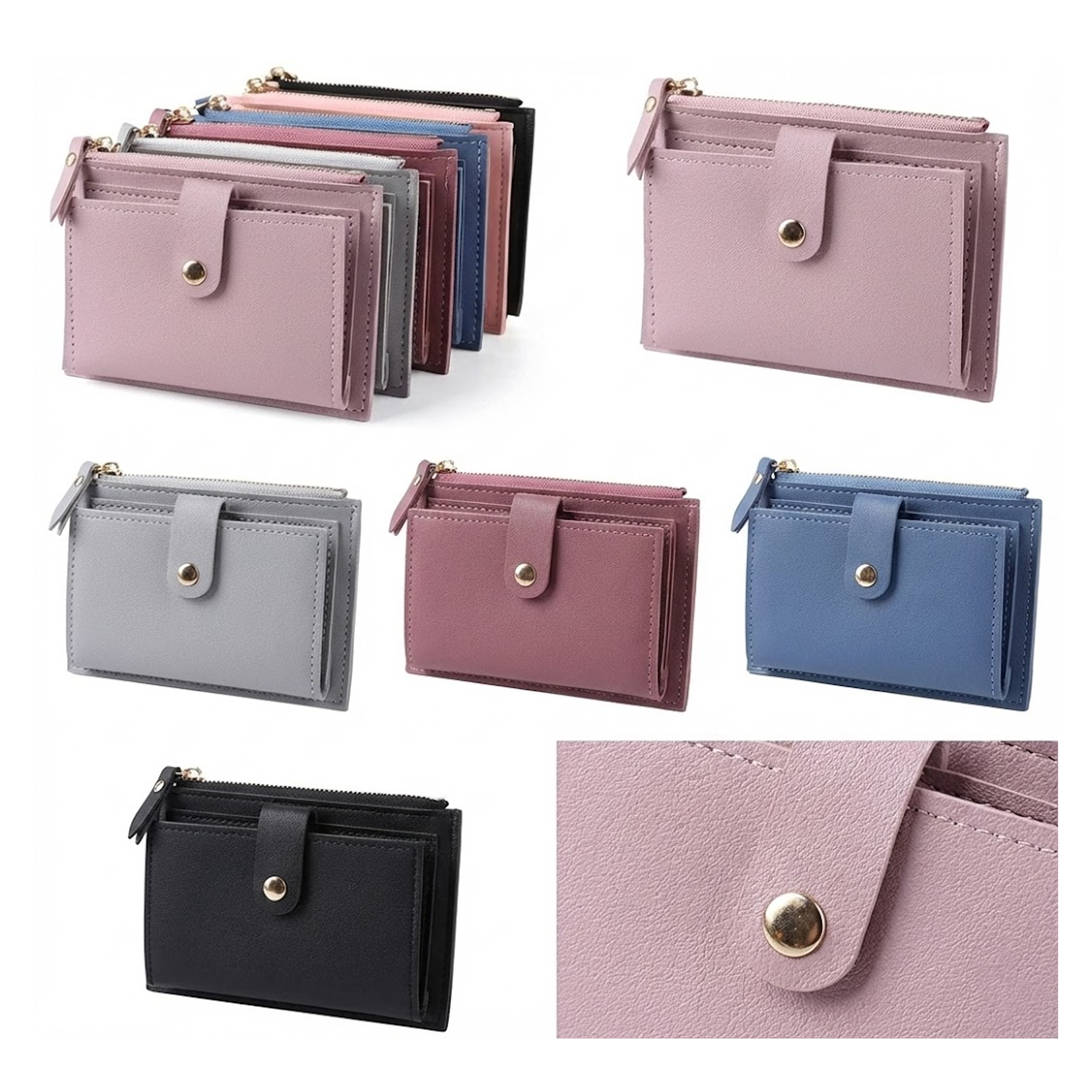 Women’s Short PU Card Wallet with Zipper & Hasp