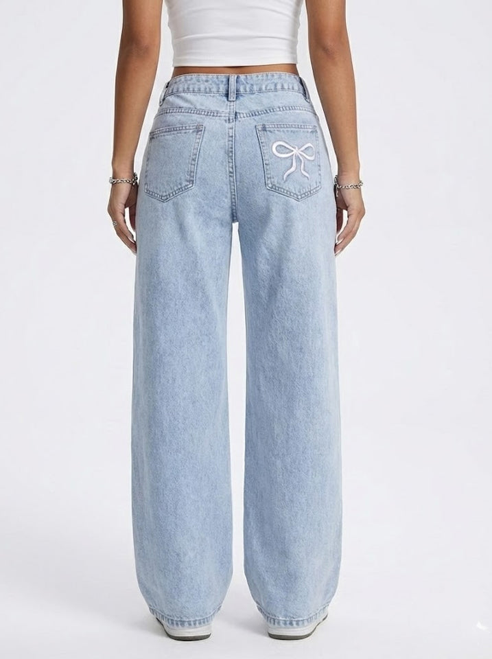 Wide-Leg Denim Jeans — Button Fly, Distressed Finish