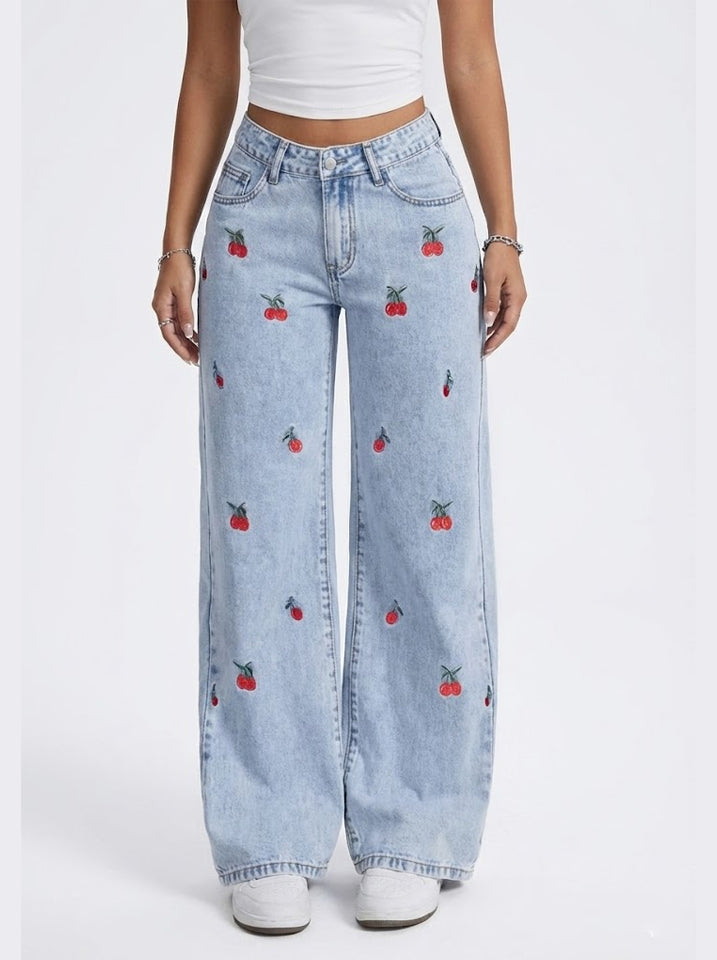 Wide-Leg Denim Jeans — Button Fly, Distressed Finish