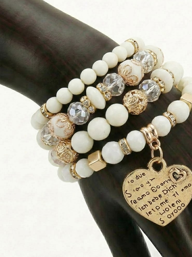 Boho Crystal Bead Bracelet Set – 4-Piece Elastic Stack with Heart Charm