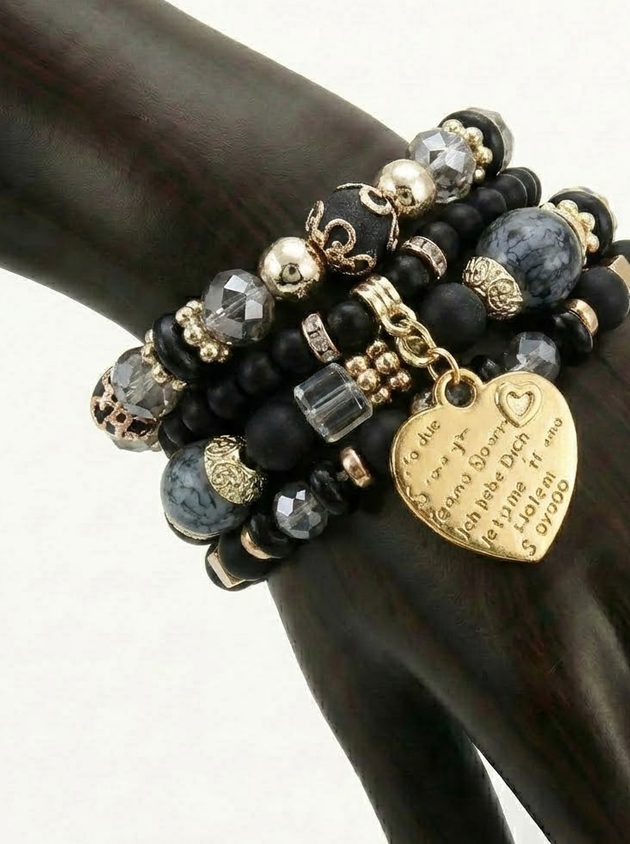 Boho Crystal Bead Bracelet Set – 4-Piece Elastic Stack with Heart Charm